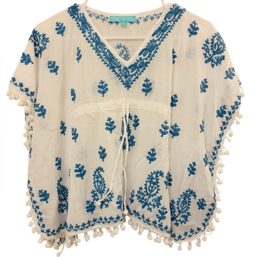White and Blue Embellished Blouse with Tie Front
